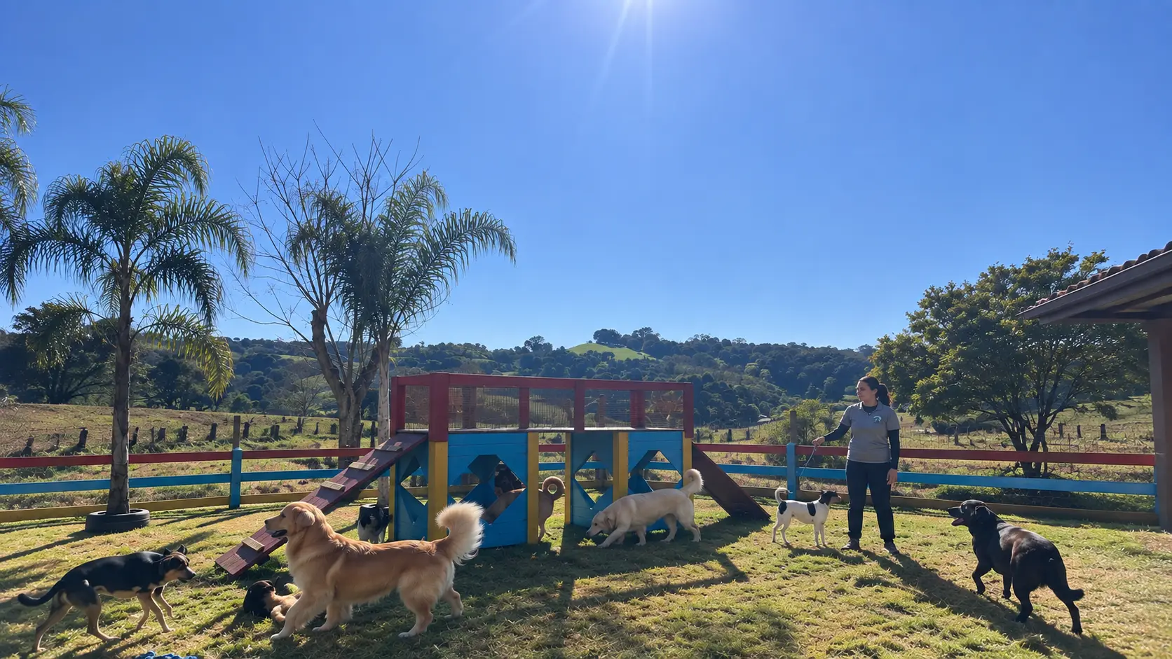 Cães brincando soltos no pátio com a equipe por perto