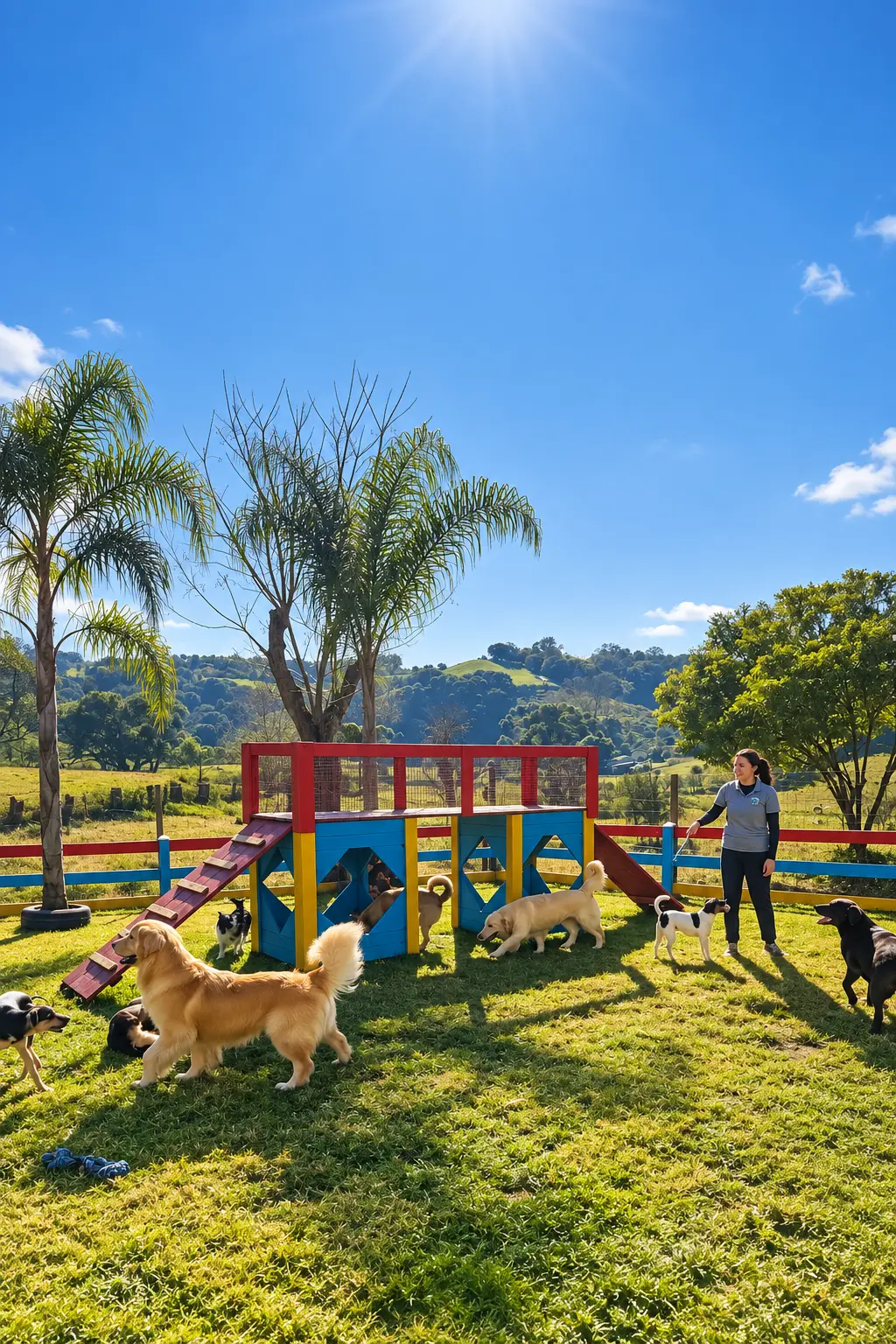 Cães de vários portes brincando soltos no pátio do Refúgio